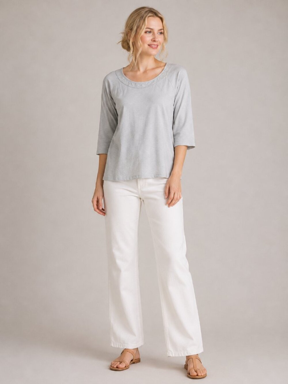 2/$30 Chico's Embroidered Sequin Blouse 3/4 Sleeve Gray 8 #A1446